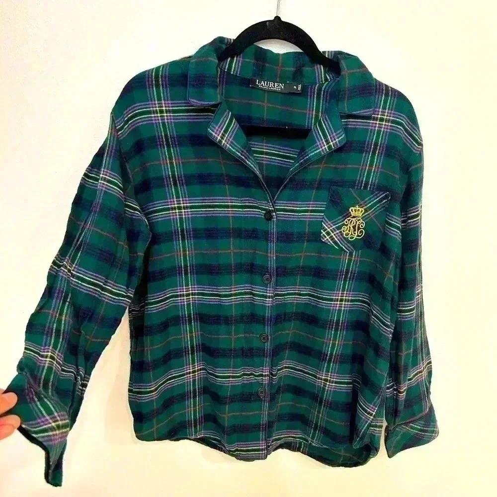 Ralph Lauren tartan plaid green pajama top cotton blend petite L
